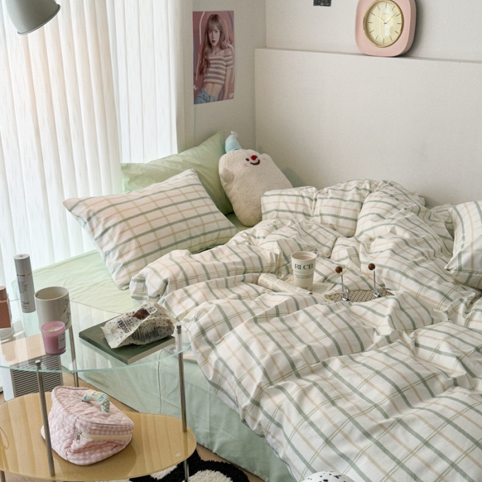91家纺网 家纺一手货源 找家纺 昔可 2023新款全棉ins格子混搭系列四件套 ins简约绿格