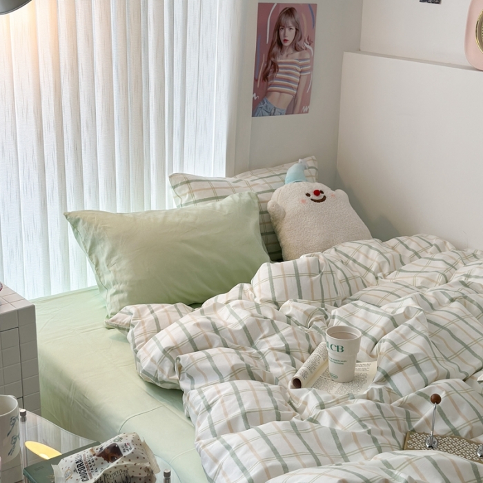 91家纺网 家纺一手货源 找家纺 昔可 2023新款全棉ins格子混搭系列四件套 ins简约绿格