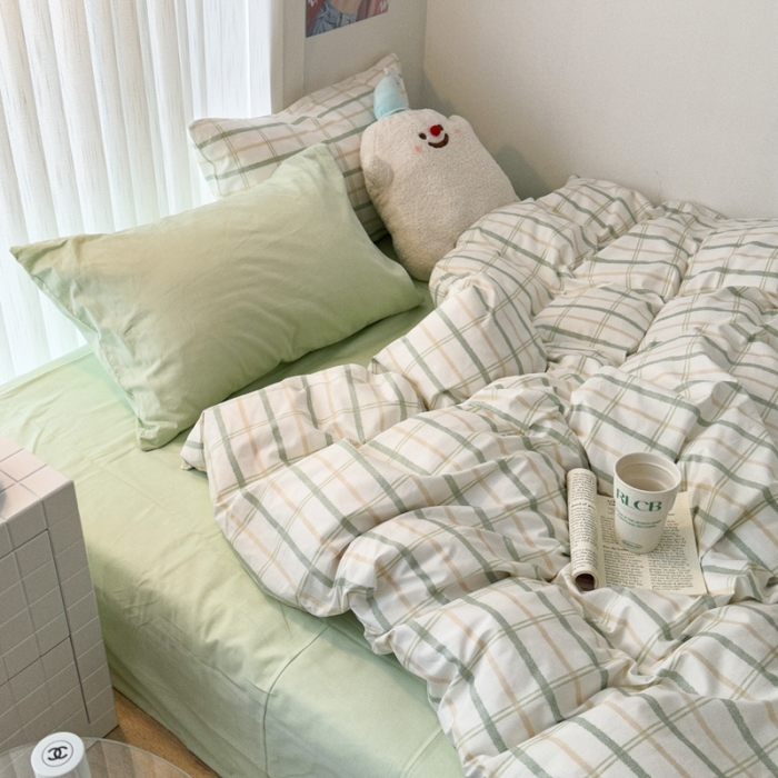91家纺网 家纺一手货源 找家纺 昔可 2023新款全棉ins格子混搭系列四件套 ins简约绿格