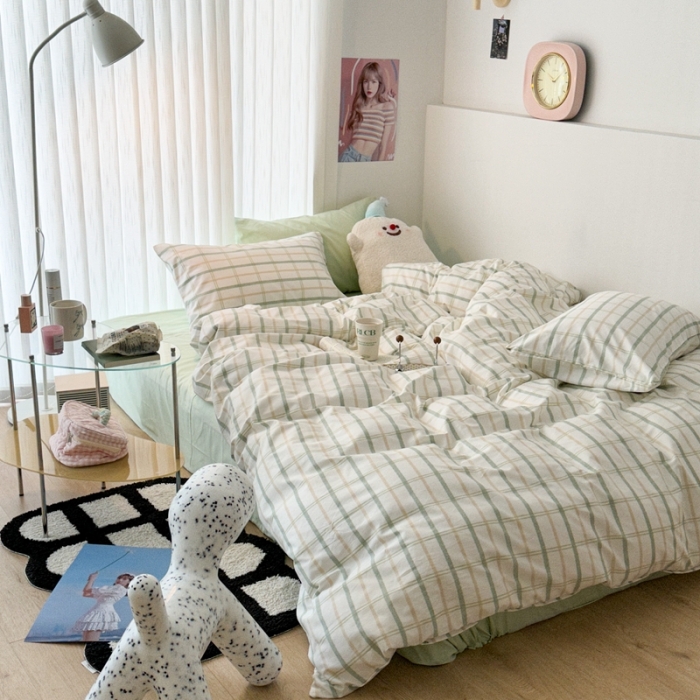 91家纺网 家纺一手货源 找家纺 昔可 2023新款全棉ins格子混搭系列四件套 ins简约绿格