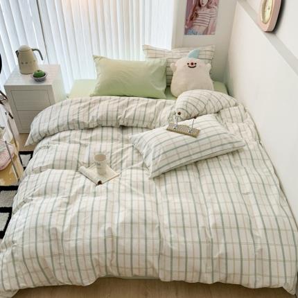 昔可 2023新款全棉ins格子混搭系列四件套 ins简约绿格