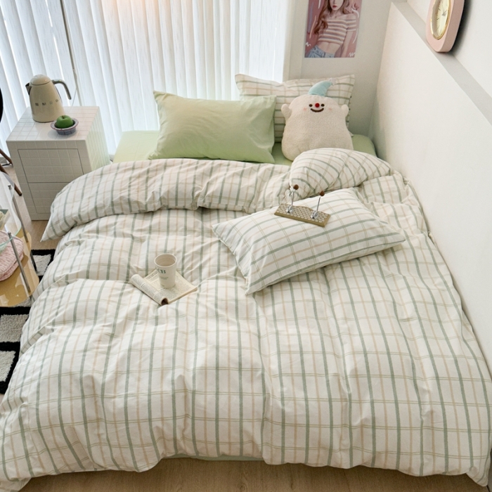 91家纺网 家纺一手货源 找家纺 昔可 2023新款全棉ins格子混搭系列四件套 ins简约绿格