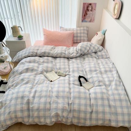 昔可 2023新款全棉ins格子混搭系列四件套 粉蓝格
