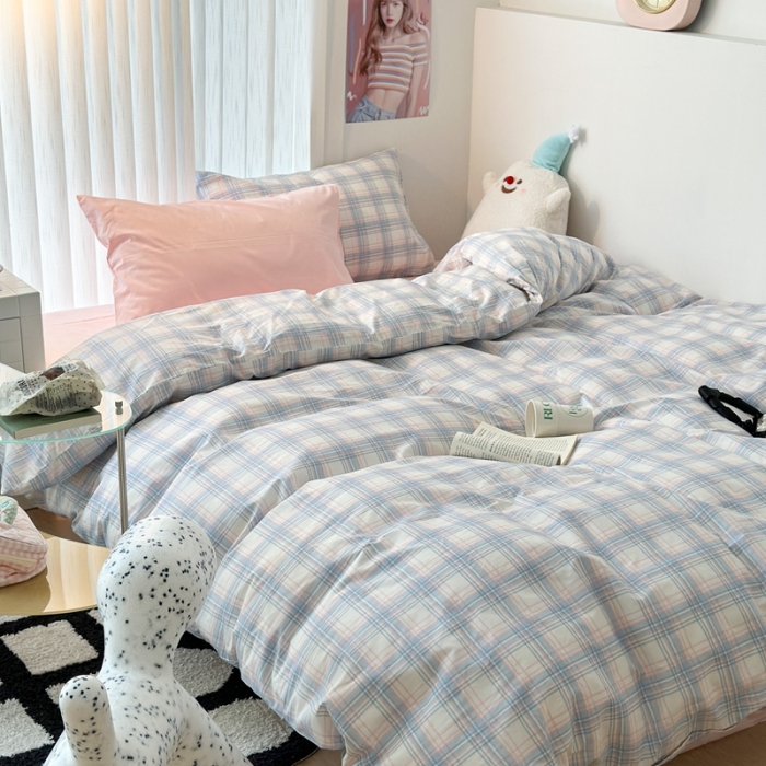 91家纺网 家纺一手货源 找家纺 昔可 2023新款全棉ins格子混搭系列四件套 粉蓝格