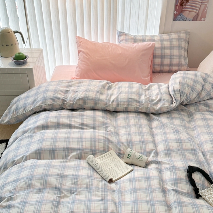 91家纺网 家纺一手货源 找家纺 昔可 2023新款全棉ins格子混搭系列四件套 粉蓝格