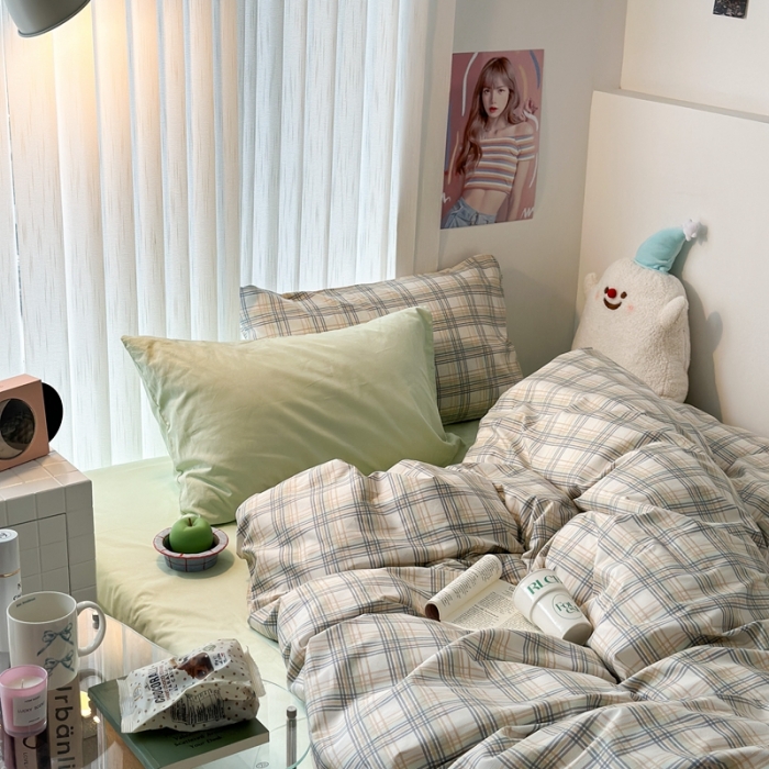 91家纺网 家纺一手货源 找家纺 昔可 2023新款全棉ins格子混搭系列四件套 开心果格