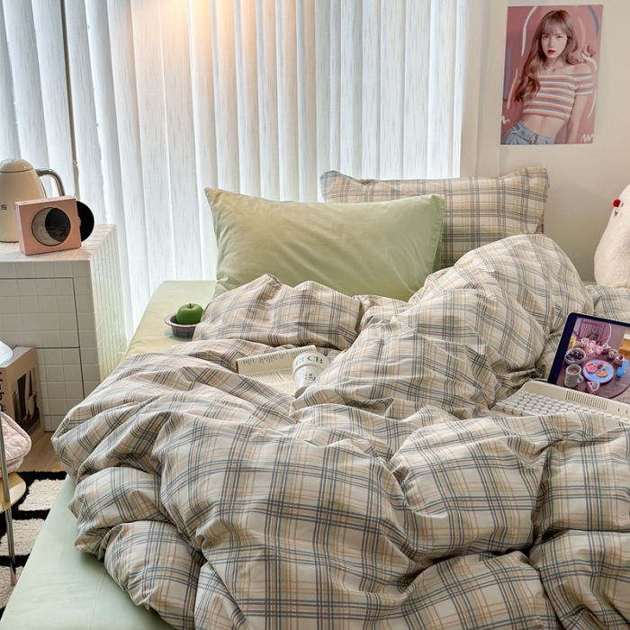 91家纺网 家纺一手货源 找家纺 昔可 2023新款全棉ins格子混搭系列四件套 开心果格