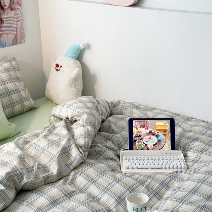 91家纺网 家纺一手货源 找家纺 昔可 2023新款全棉ins格子混搭系列四件套 开心果格