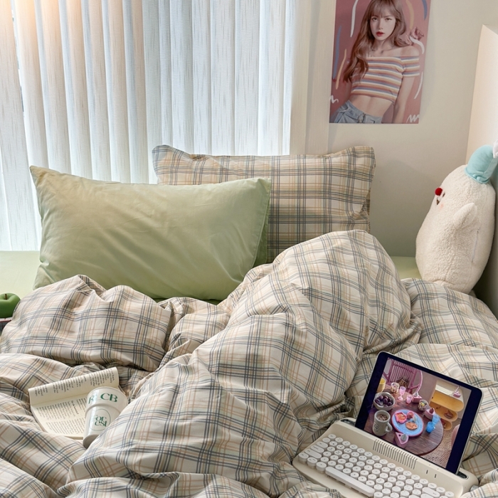 91家纺网 家纺一手货源 找家纺 昔可 2023新款全棉ins格子混搭系列四件套 开心果格