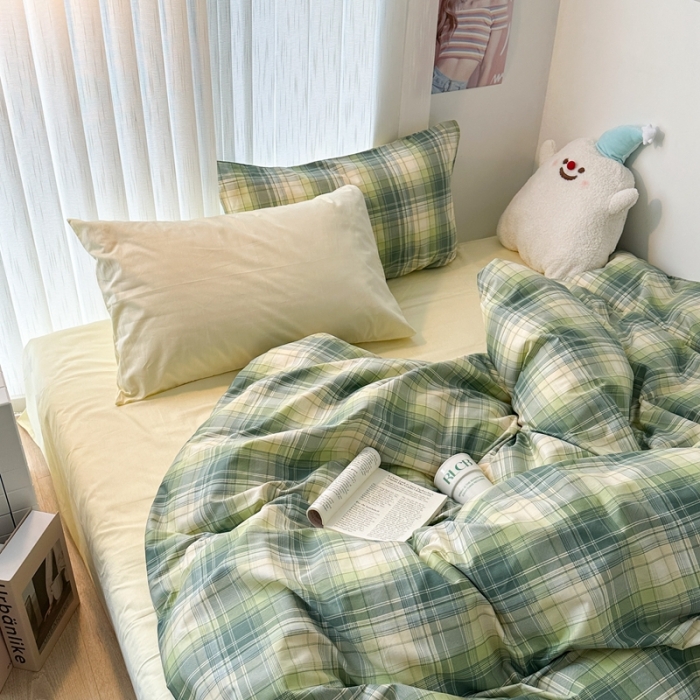 91家纺网 家纺一手货源 找家纺 昔可 2023新款全棉ins格子混搭系列四件套 学院格纹