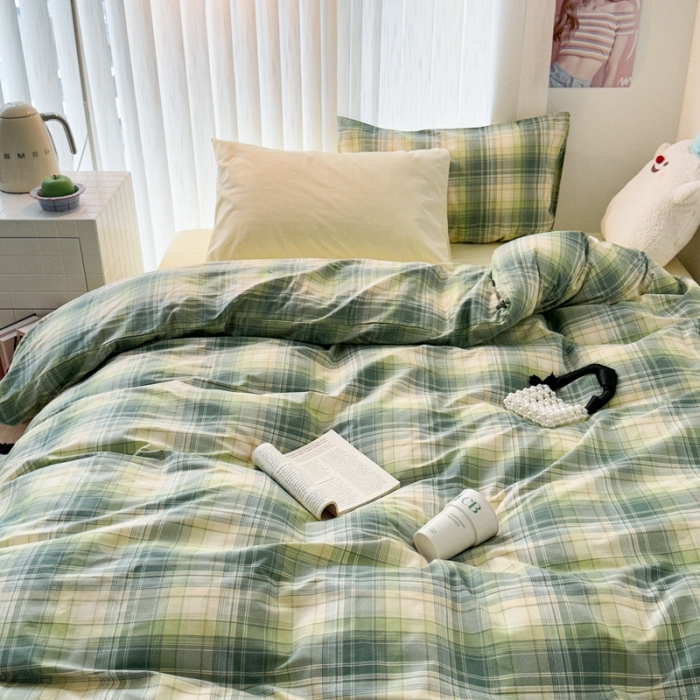 91家纺网 家纺一手货源 找家纺 昔可 2023新款全棉ins格子混搭系列四件套 学院格纹