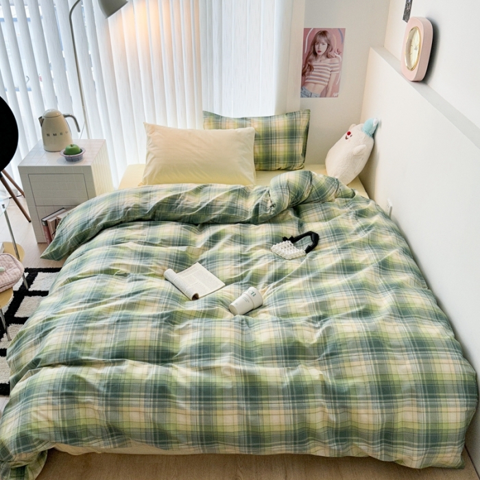 91家纺网 家纺一手货源 找家纺 昔可 2023新款全棉ins格子混搭系列四件套 学院格纹