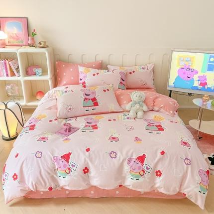 91家纺网 家纺一手货源 找家纺 卧趣 2023新品小猪佩奇正版授权全棉印花四件套 快乐佩琪