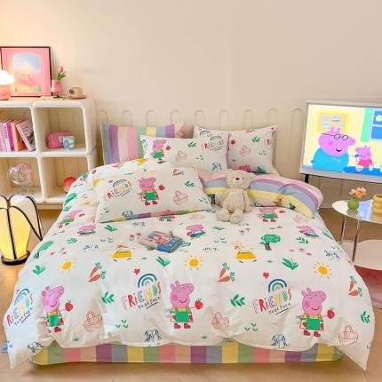 91家纺网 家纺一手货源 找家纺 卧趣 2023新品小猪佩奇正版授权全棉印花四件套 佩琪和苏西