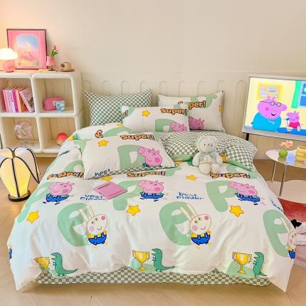 91家纺网 家纺一手货源 找家纺 卧趣 2023新品小猪佩奇正版授权全棉印花四件套 佩琪运动会