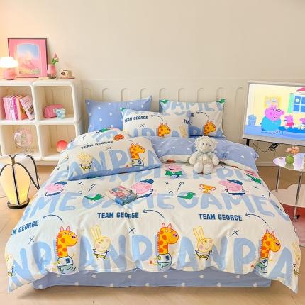 91家纺网 家纺一手货源 找家纺 卧趣 2023新品小猪佩奇正版授权全棉印花四件套 乔治与伙伴