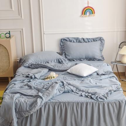 91家纺网 家纺一手货源 找家纺 小主驾到 2023新款公主风系列荷叶边款夏被四件套 灰色