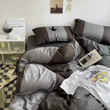 91家纺网 家纺一手货源 找家纺 水墨江南 2023新款复古磨毛印花四件套 宽条深灰