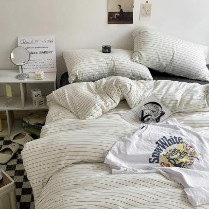 91家纺网 家纺一手货源 找家纺 水墨江南 2023新款复古磨毛印花四件套 雅白条