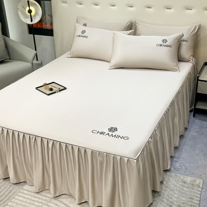 91家纺网 家纺一手货源 找家纺 笠裙 2024夏季新款 绣花款 水洗真丝天丝冰丝刺绣单床裙床罩 浅灰银