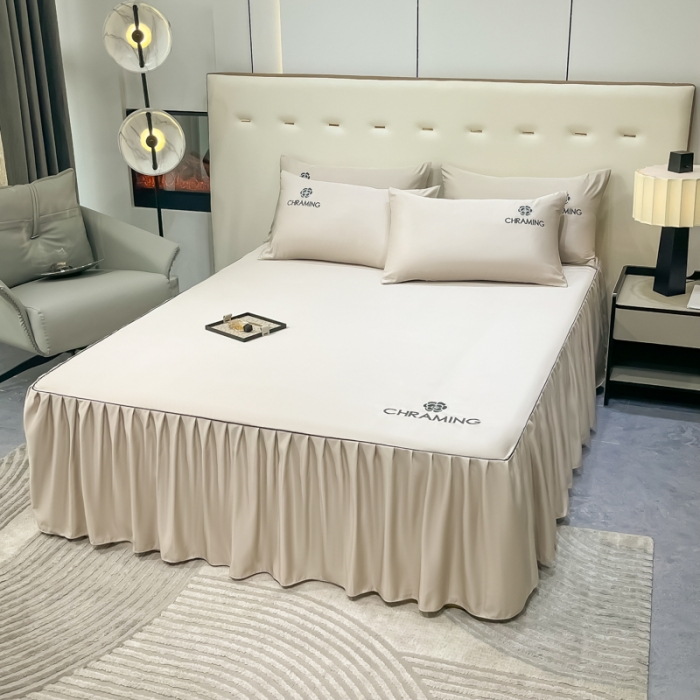 91家纺网 家纺一手货源 找家纺 笠裙 2024夏季新款 绣花款 水洗真丝天丝冰丝刺绣单床裙床罩 浅灰银