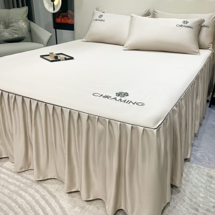 91家纺网 家纺一手货源 找家纺 笠裙 2024夏季新款 绣花款 水洗真丝天丝冰丝刺绣单床裙床罩 浅灰银