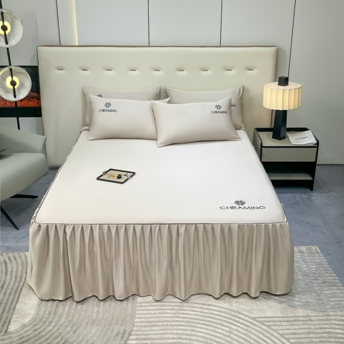 91家纺网 家纺一手货源 找家纺 笠裙 2024夏季新款 绣花款 水洗真丝天丝冰丝刺绣单床裙床罩 浅灰银