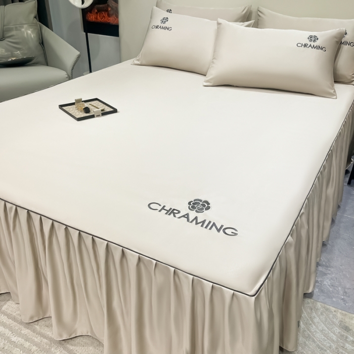 91家纺网 家纺一手货源 找家纺 笠裙 2024夏季新款 绣花款 水洗真丝天丝冰丝刺绣单床裙床罩 浅灰银