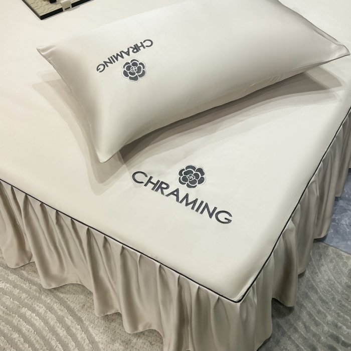 91家纺网 家纺一手货源 找家纺 笠裙 2024夏季新款 绣花款 水洗真丝天丝冰丝刺绣单床裙床罩 浅灰银