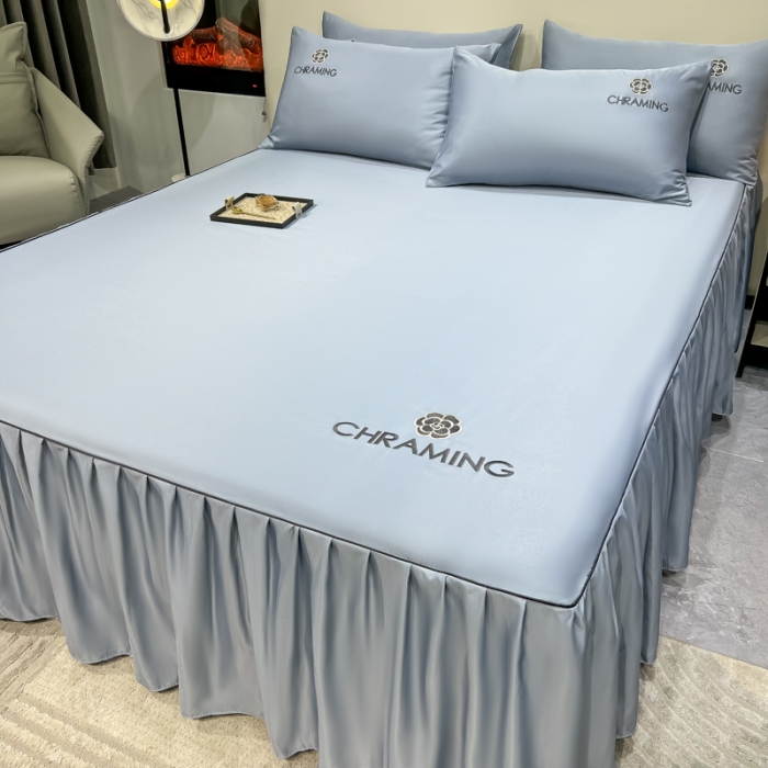 91家纺网 家纺一手货源 找家纺 笠裙 2024夏季新款 绣花款 水洗真丝天丝冰丝刺绣单床裙床罩 绅士蓝