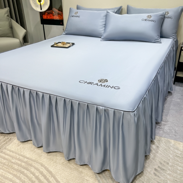 91家纺网 家纺一手货源 找家纺 笠裙 2024夏季新款 绣花款 水洗真丝天丝冰丝刺绣单床裙床罩 绅士蓝