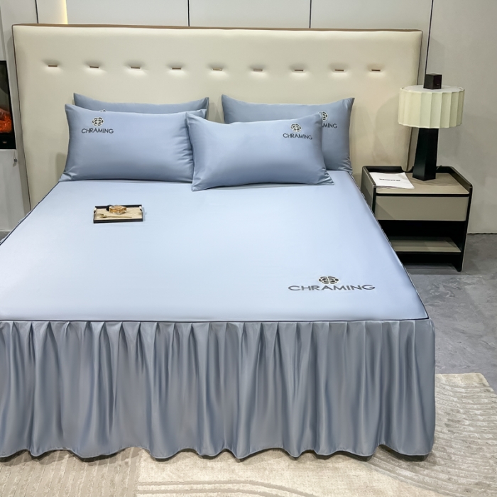 91家纺网 家纺一手货源 找家纺 笠裙 2024夏季新款 绣花款 水洗真丝天丝冰丝刺绣单床裙床罩 绅士蓝