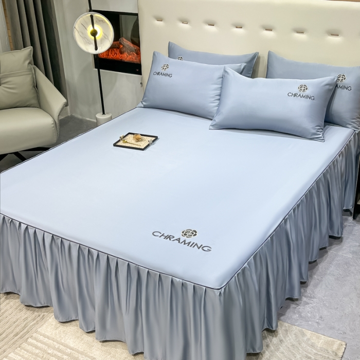 91家纺网 家纺一手货源 找家纺 笠裙 2024夏季新款 绣花款 水洗真丝天丝冰丝刺绣单床裙床罩 绅士蓝