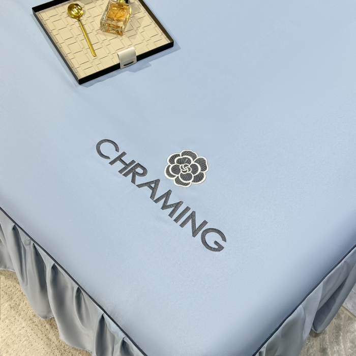 91家纺网 家纺一手货源 找家纺 笠裙 2024夏季新款 绣花款 水洗真丝天丝冰丝刺绣单床裙床罩 绅士蓝