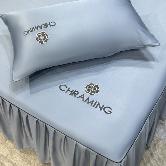 91家纺网 家纺一手货源 找家纺 笠裙 2024夏季新款 绣花款 水洗真丝天丝冰丝刺绣单床裙床罩 绅士蓝