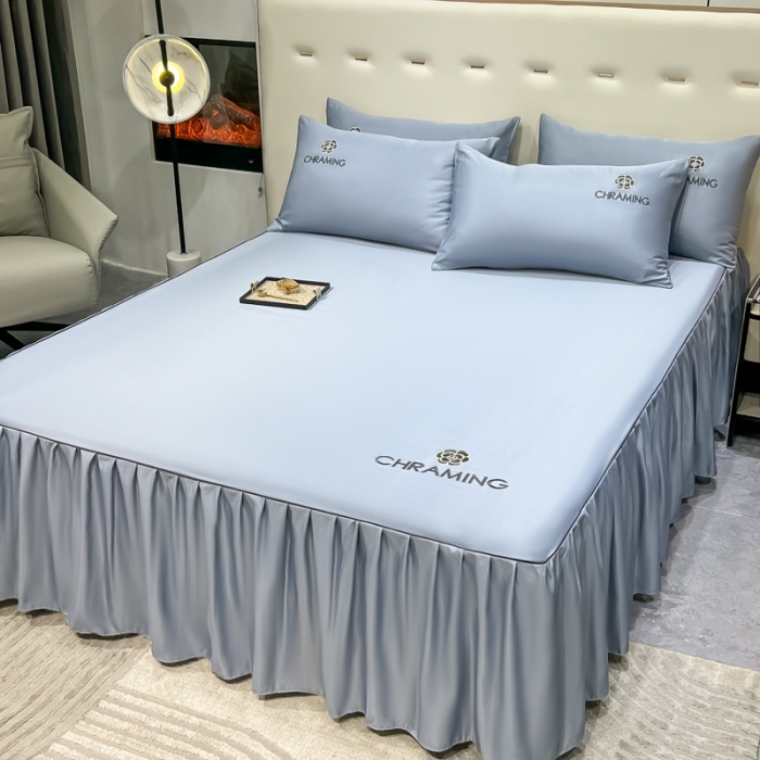 91家纺网 家纺一手货源 找家纺 笠裙 2024夏季新款 绣花款 水洗真丝天丝冰丝刺绣单床裙床罩 绅士蓝