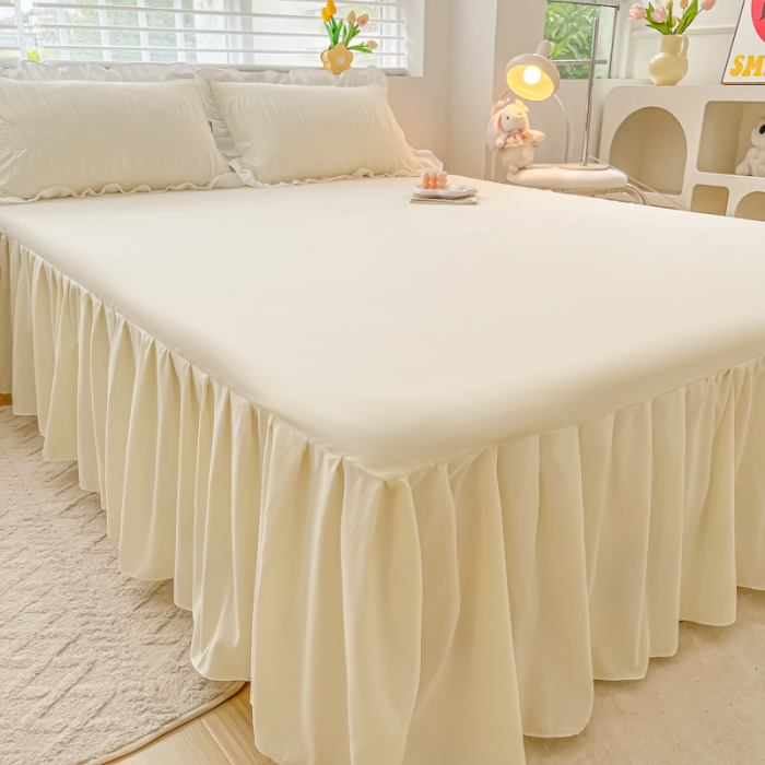 91家纺网 家纺一手货源 找家纺 笠裙 2024新款亲肤磨毛单床裙直播供货 原棉110克 奶昔白