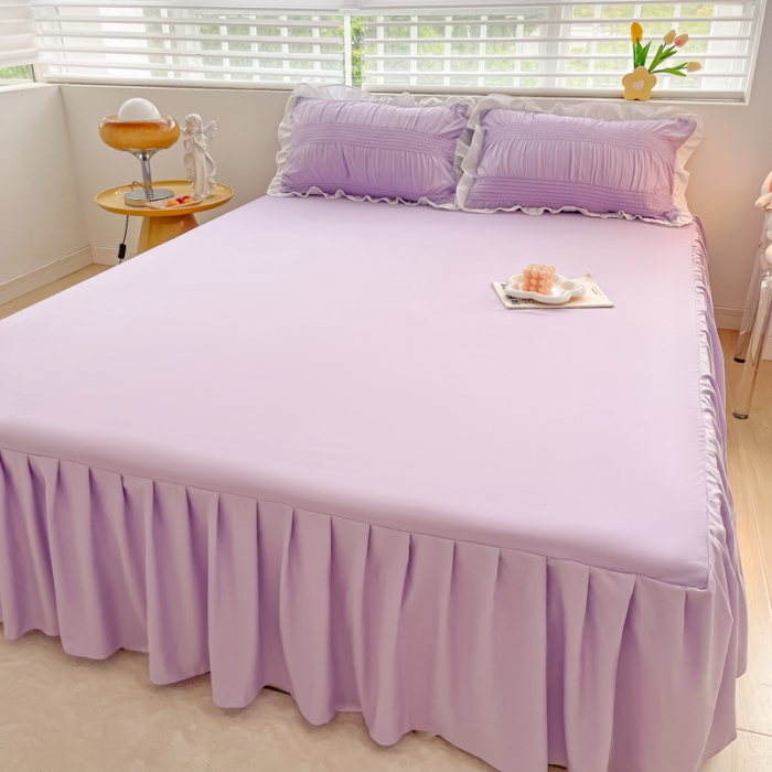 91家纺网 家纺一手货源 找家纺 笠裙 2024新款亲肤磨毛单床裙直播供货 原棉110克 香芋紫