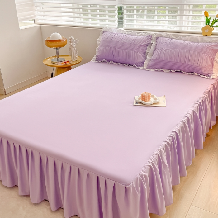 91家纺网 家纺一手货源 找家纺 笠裙 2024新款亲肤磨毛单床裙直播供货 原棉110克 香芋紫