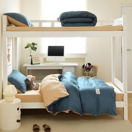 91家纺网 家纺一手货源 找家纺 寐眠 23款13372纯棉40s纯色双拼学生三件套四件套 海蓝+奶茶