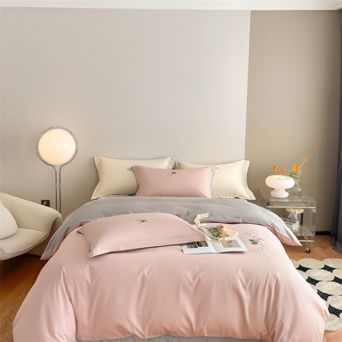 91家纺网 家纺一手货源 找家纺 安力森/诚臻酒店用品 2023新品Ａ类长绒棉唤醒系列四件套 唤醒-茱萸粉+烟墨灰