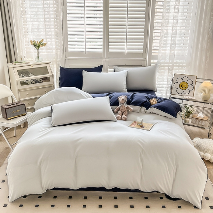 91家纺网 家纺一手货源 找家纺 安力森/诚臻酒店用品 2023新款双拼磨毛被套床单枕套床笠单品三件套四件套 白加藏青
