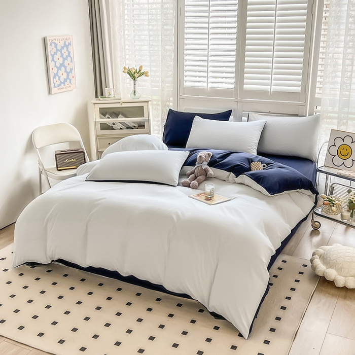 91家纺网 家纺一手货源 找家纺 安力森/诚臻酒店用品 2023新款双拼磨毛被套床单枕套床笠单品三件套四件套 白加藏青