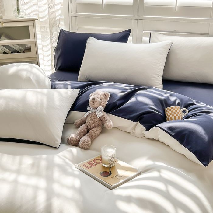 91家纺网 家纺一手货源 找家纺 安力森/诚臻酒店用品 2023新款双拼磨毛被套床单枕套床笠单品三件套四件套 白加藏青