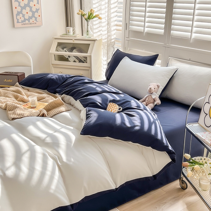 91家纺网 家纺一手货源 找家纺 安力森/诚臻酒店用品 2023新款双拼磨毛被套床单枕套床笠单品三件套四件套 白加藏青