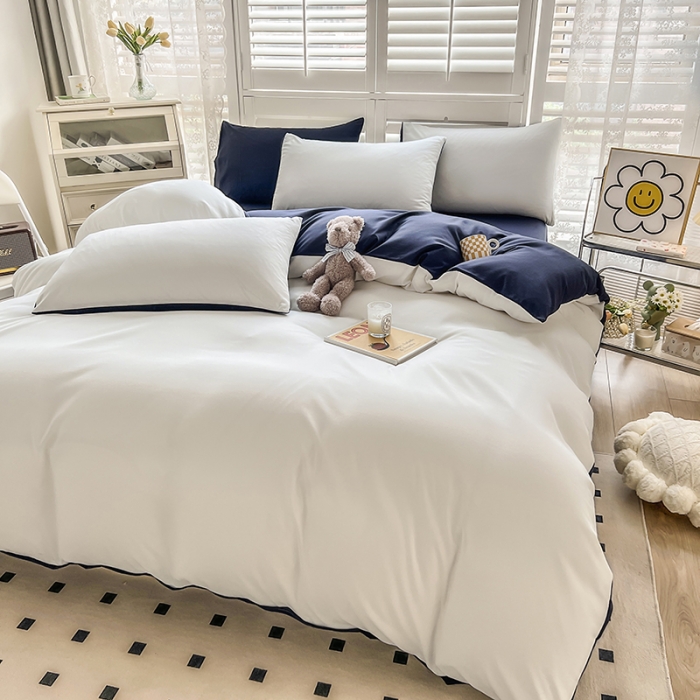 91家纺网 家纺一手货源 找家纺 安力森/诚臻酒店用品 2023新款双拼磨毛被套床单枕套床笠单品三件套四件套 白加藏青