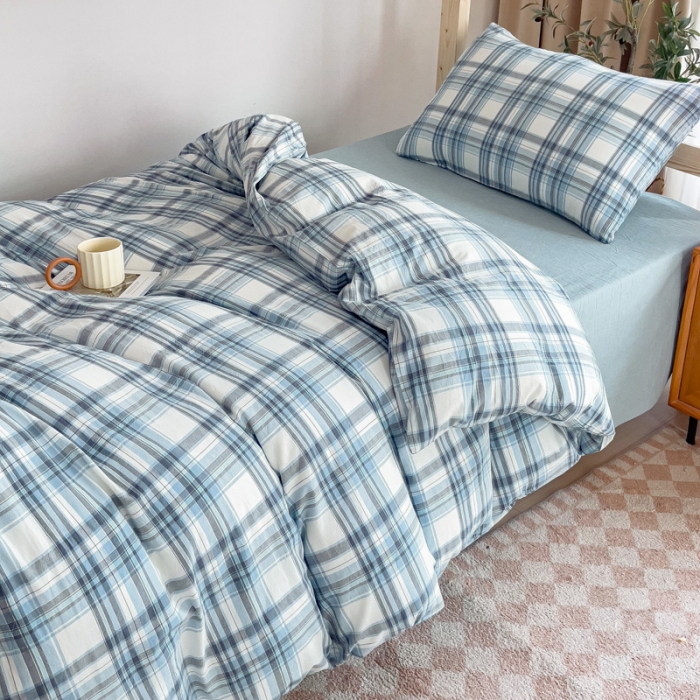 91家纺网 家纺一手货源 找家纺 玖弘家居 2023新款A类全棉色织学生上下铺三件套 春彩兰格