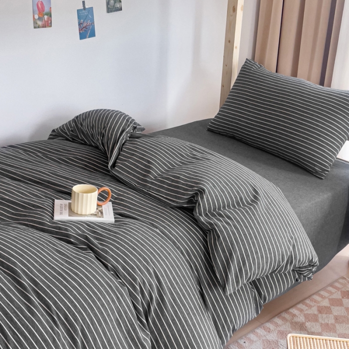 91家纺网 家纺一手货源 找家纺 玖弘家居 2023新款A类全棉色织学生上下铺三件套 灰细条