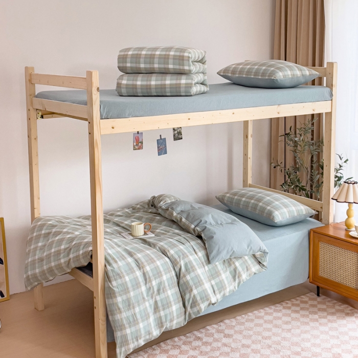 91家纺网 家纺一手货源 找家纺 玖弘家居 2023新款A类全棉色织学生上下铺三件套 简兮绿