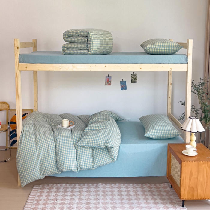 91家纺网 家纺一手货源 找家纺 玖弘家居 2023新款A类全棉色织学生上下铺三件套 兰黄小格